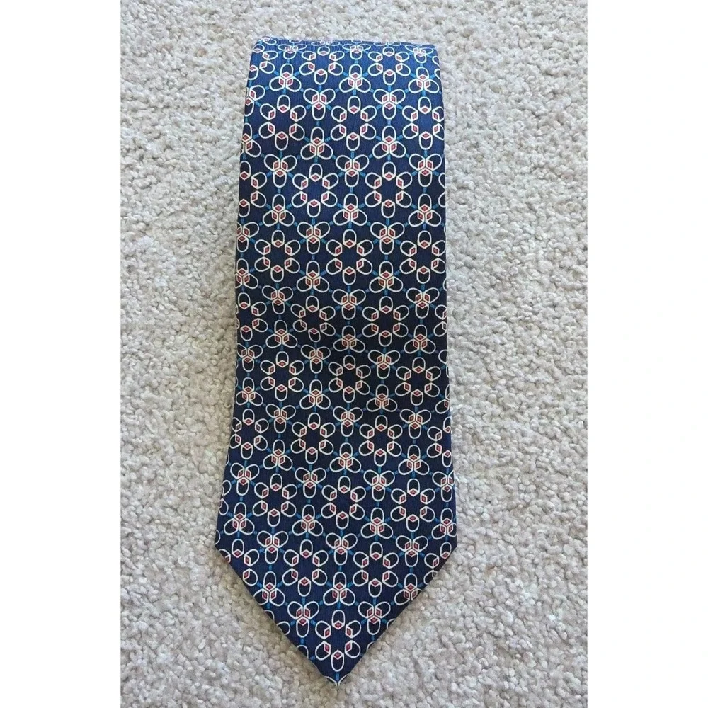 Hermes Silk Tie Mens Blue Geometric RINGS Print 7053 TA France